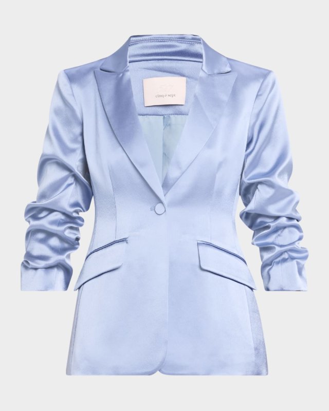 Cheyenne Smooth Satin Scrunched-Sleeve Blazer